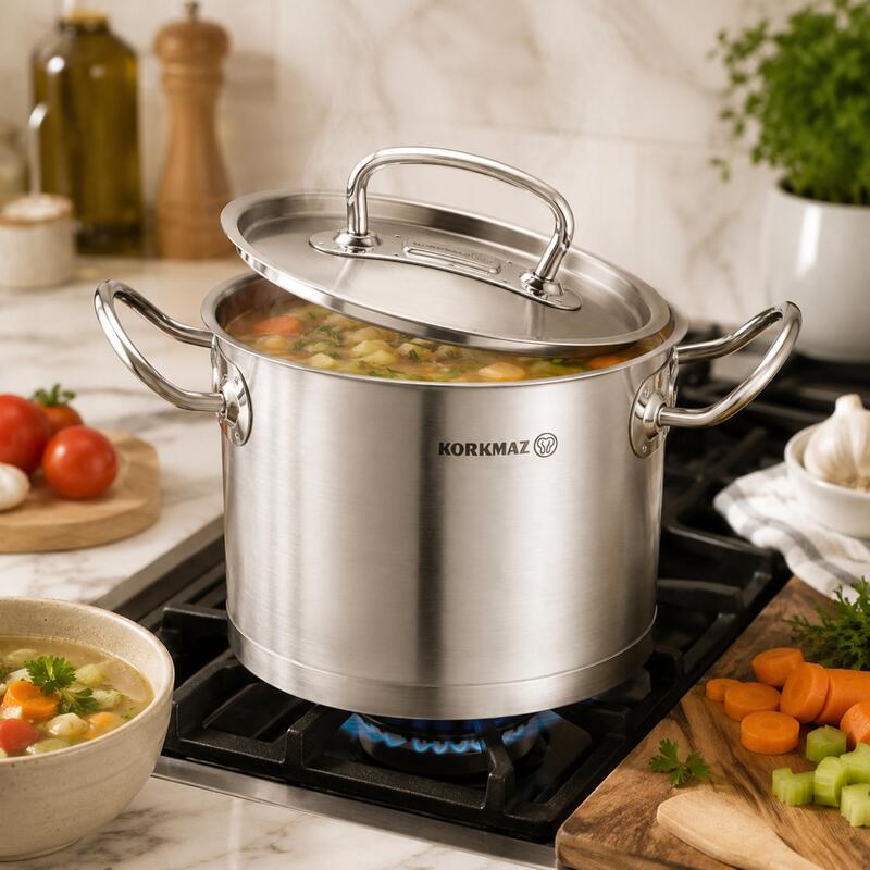 Korkmaz Proline 18/10 Stainless Steel Cooking Pot with Lid, Induction Compatible
