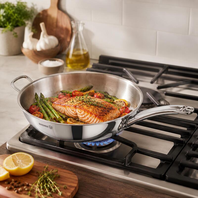 Korkmaz Proline 18/10 Stainless Steel Large Frying Pan with Helper Handle, Induction Compatible