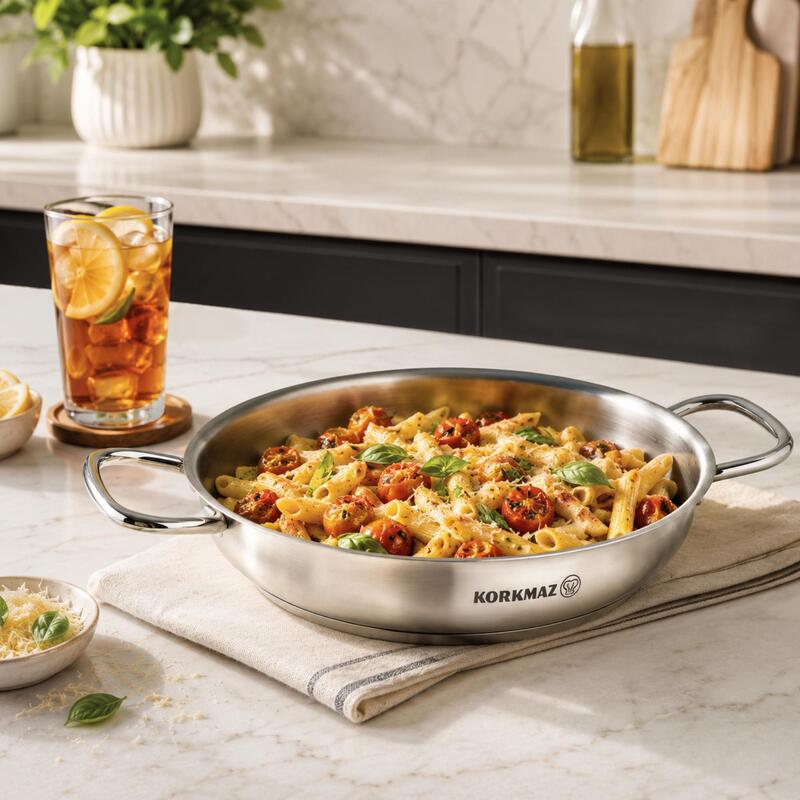 Korkmaz Proline 18/10 Stainless Steel Dual-Handle Paella Pan, Induction Compatible