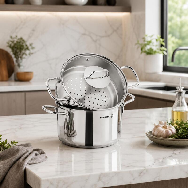 Korkmaz Perla Stainless Steel Steamer / Couscous Cookware Set with Lid | Multiple Sizes Available