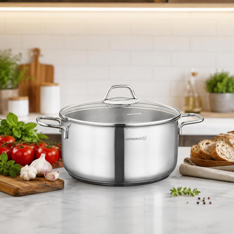 Korkmaz Perla 18/10 Stainless Steel Stock Pot with Glass Lid, Induction Compatible
