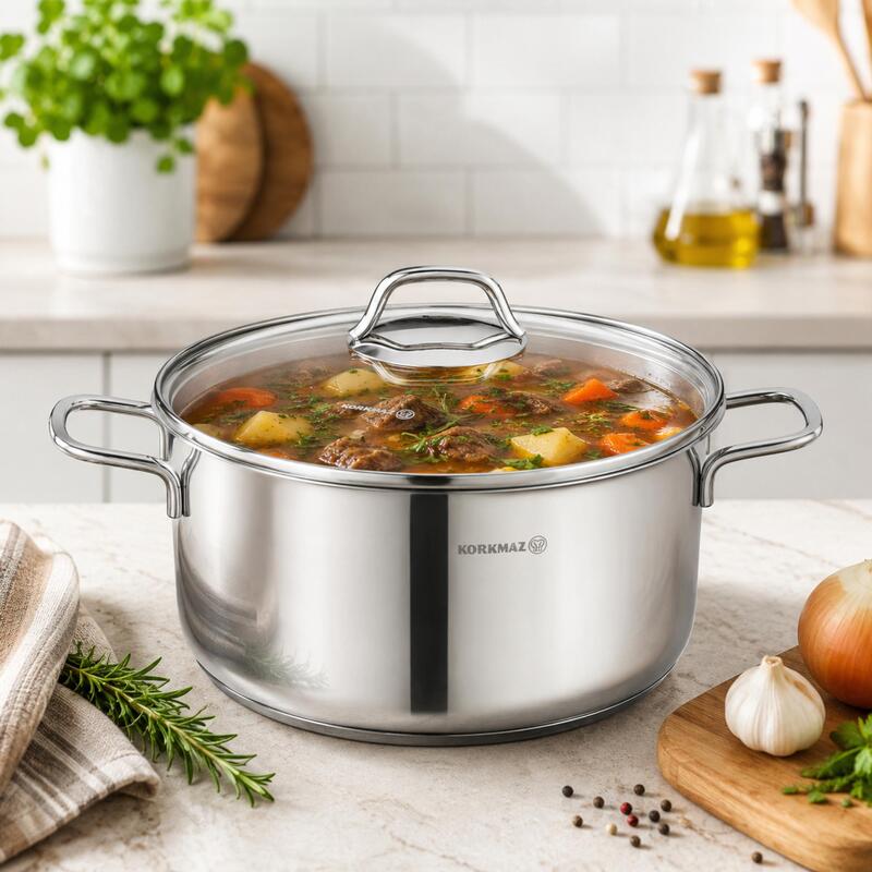 Korkmaz Perla 18/10 Stainless Steel Stock Pot with Glass Lid, Induction Compatible