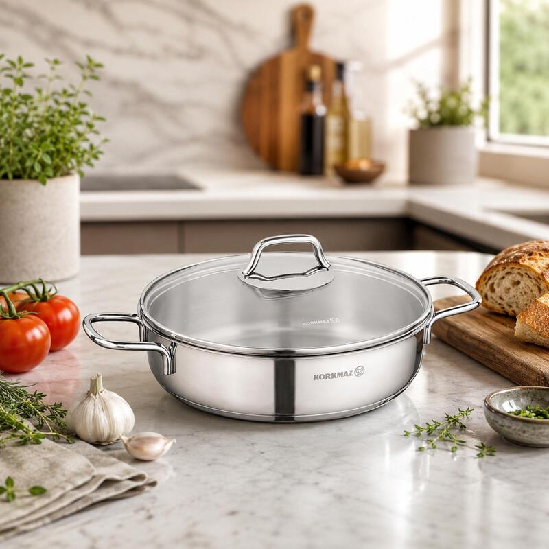 Korkmaz Perla 18/10 Stainless Steel Shallow Casserole Pot with Glass Lid, Induction Compatible
