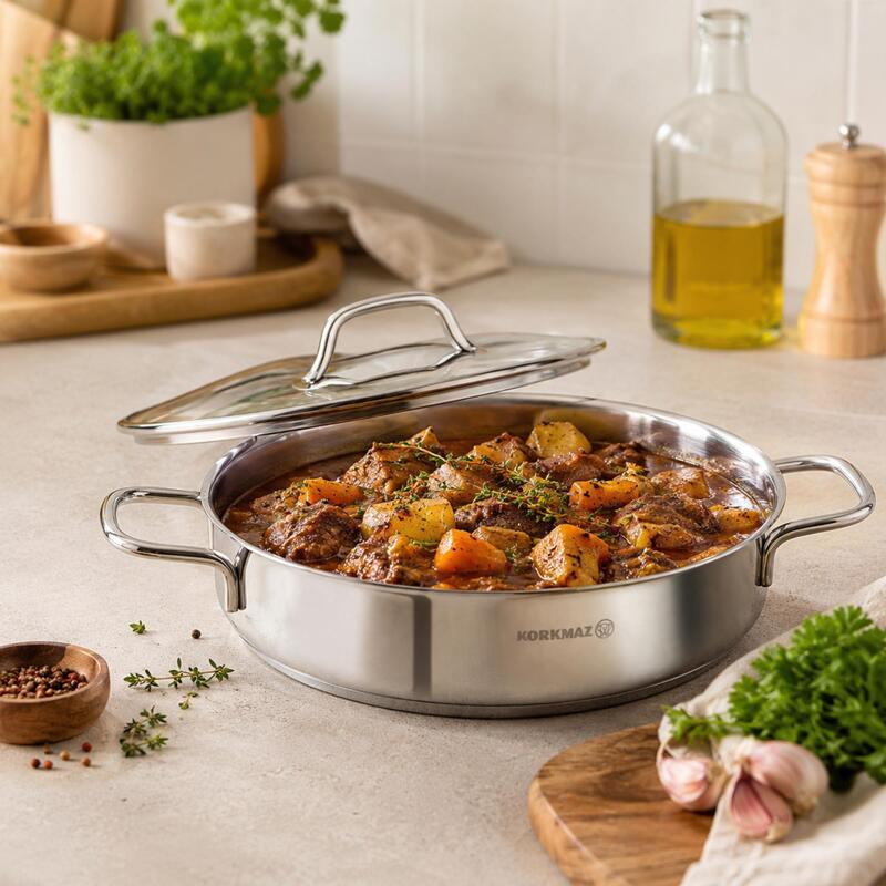 Korkmaz Perla 18/10 Stainless Steel Shallow Casserole Pot with Glass Lid, Induction Compatible
