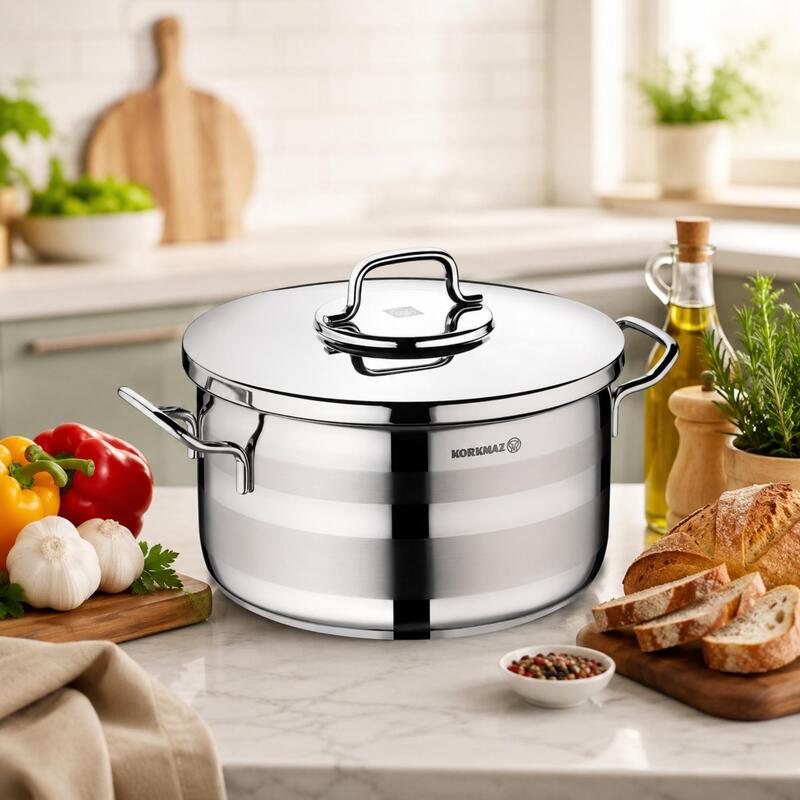 Korkmaz Astra2 18/10 Stainless Steel Casserole Pot with Lid, Induction Compatible