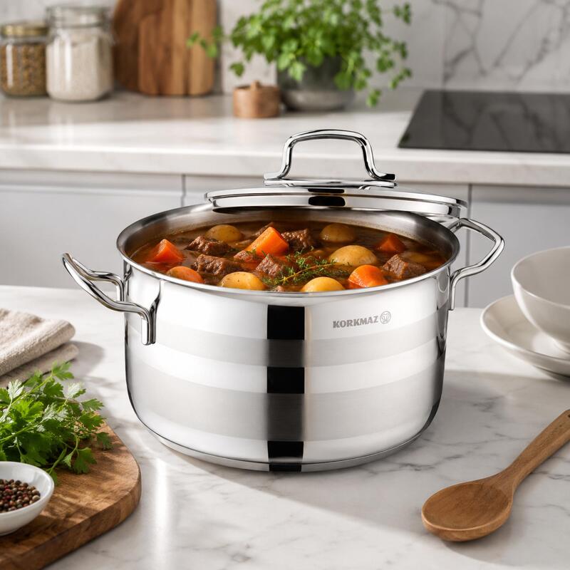 Korkmaz Astra2 18/10 Stainless Steel Casserole Pot with Lid, Induction Compatible