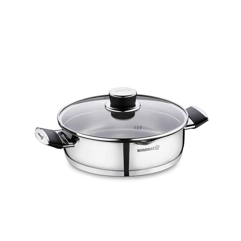 Korkmaz Pera 18/10 Stainless Steel Cooking Pot with Glass Lid, Induction Compatible