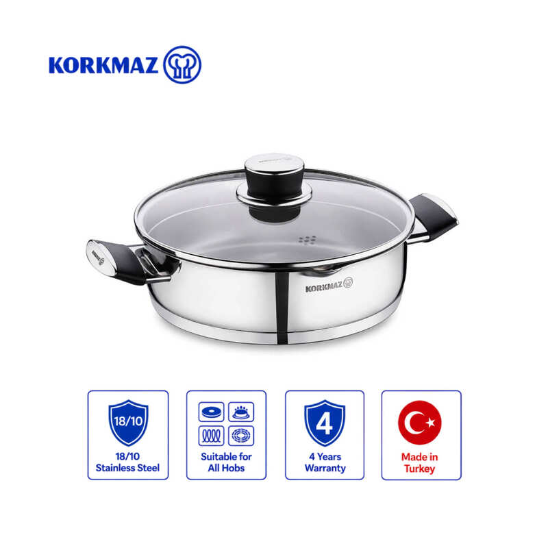 Korkmaz Pera 18/10 Stainless Steel Cooking Pot with Glass Lid, Induction Compatible