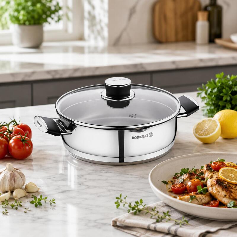 Korkmaz Pera 18/10 Stainless Steel Cooking Pot with Glass Lid, Induction Compatible