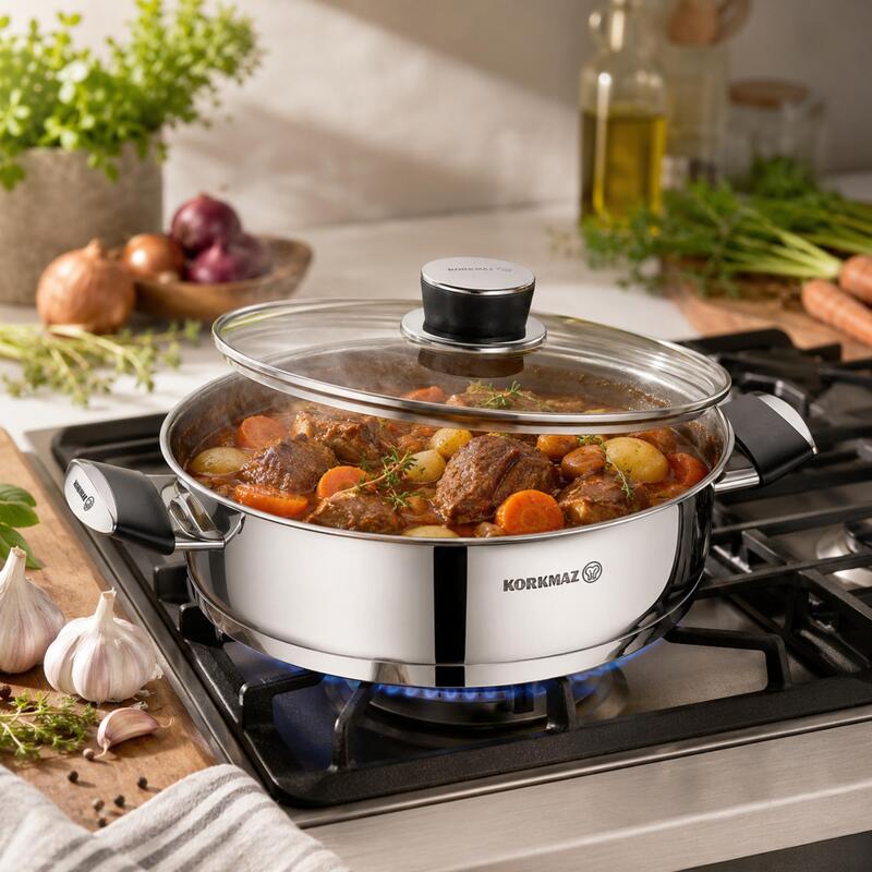Korkmaz Pera 18/10 Stainless Steel Cooking Pot with Glass Lid, Induction Compatible
