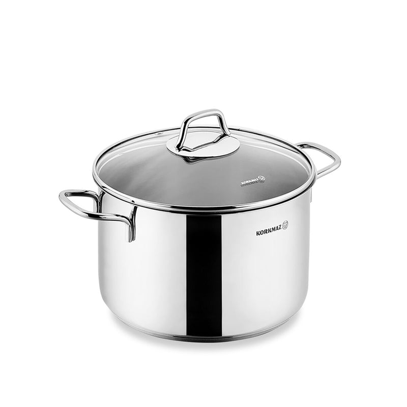 Korkmaz Perla 18/10 Stainless Steel Deep Stock Pot with Glass Lid, Induction Compatible