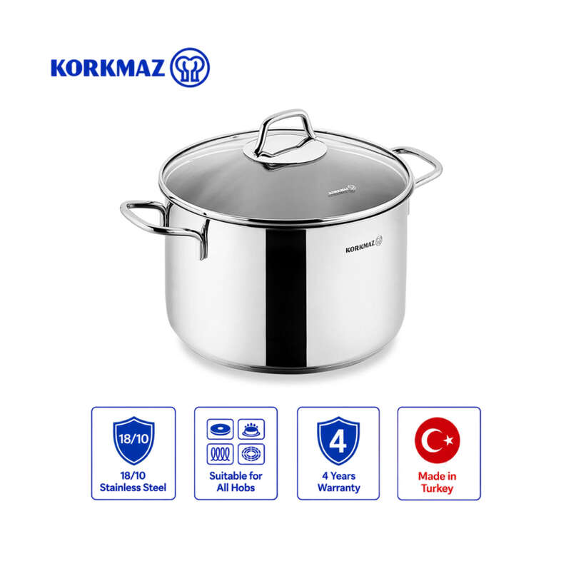 Korkmaz Perla 18/10 Stainless Steel Deep Stock Pot with Glass Lid, Induction Compatible