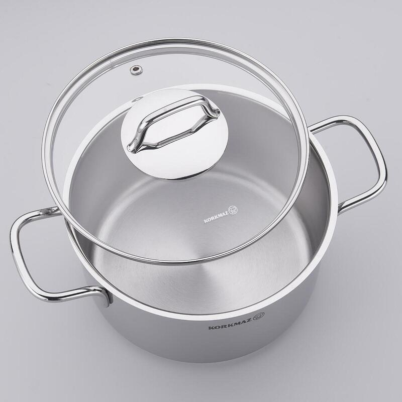 Korkmaz Perla 18/10 Stainless Steel Deep Stock Pot with Glass Lid, Induction Compatible