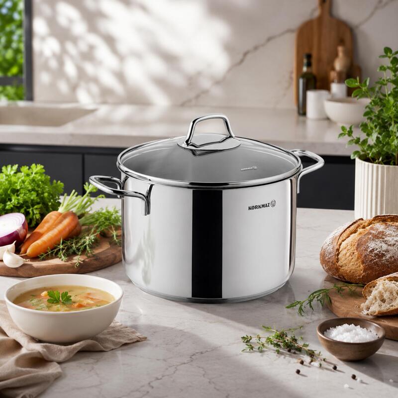 Korkmaz Perla 18/10 Stainless Steel Deep Stock Pot with Glass Lid, Induction Compatible