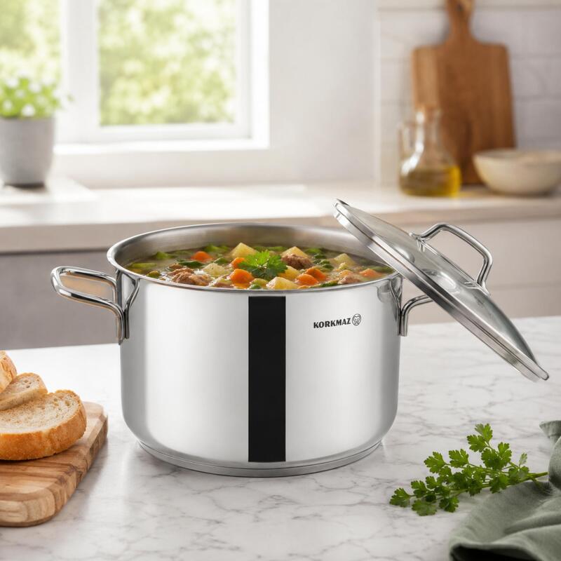Korkmaz Perla 18/10 Stainless Steel Deep Stock Pot with Glass Lid, Induction Compatible