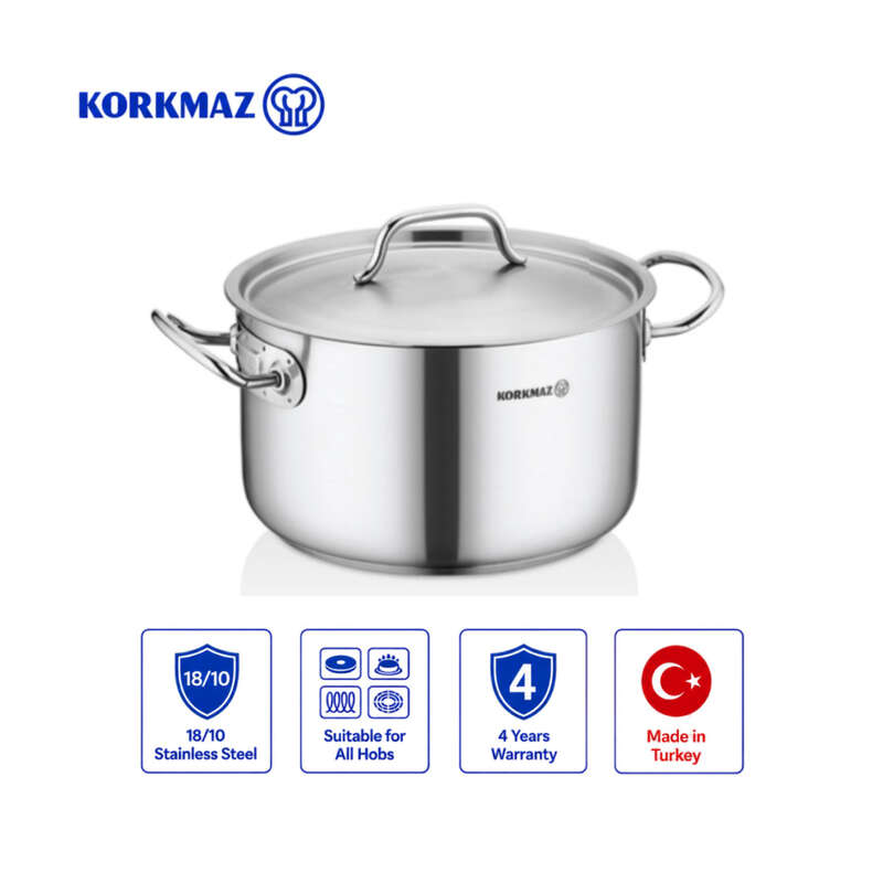 Korkmaz Proline Gastro 18/10 Stainless Steel Deep Stock Pot with Lid, Induction Compatible