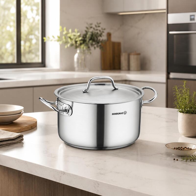 Korkmaz Proline Gastro 18/10 Stainless Steel Deep Stock Pot with Lid, Induction Compatible