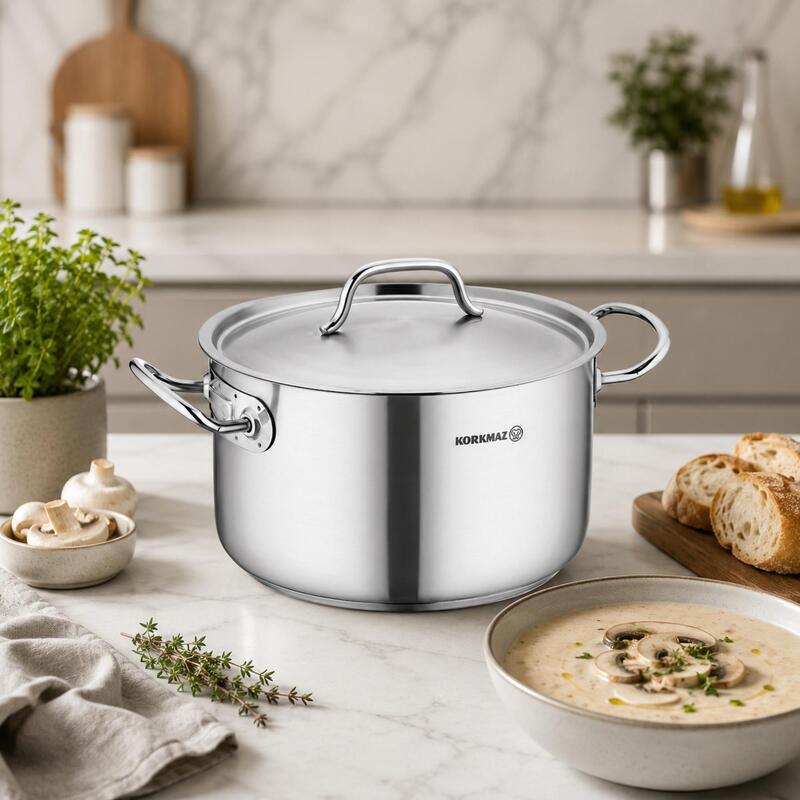 Korkmaz Proline Gastro 18/10 Stainless Steel Deep Stock Pot with Lid, Induction Compatible