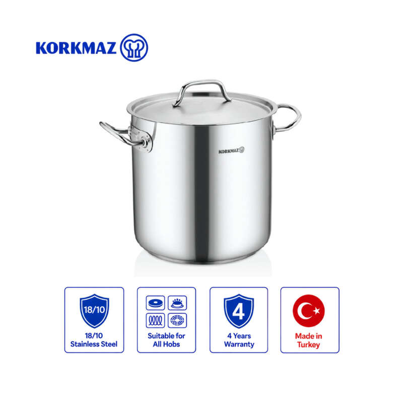 Korkmaz Proline Gastro 18/10 Stainless Steel Extra Deep Stock Pot with Lid, Induction Compatible
