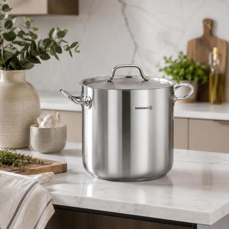 Korkmaz Proline Gastro 18/10 Stainless Steel Extra Deep Stock Pot with Lid, Induction Compatible