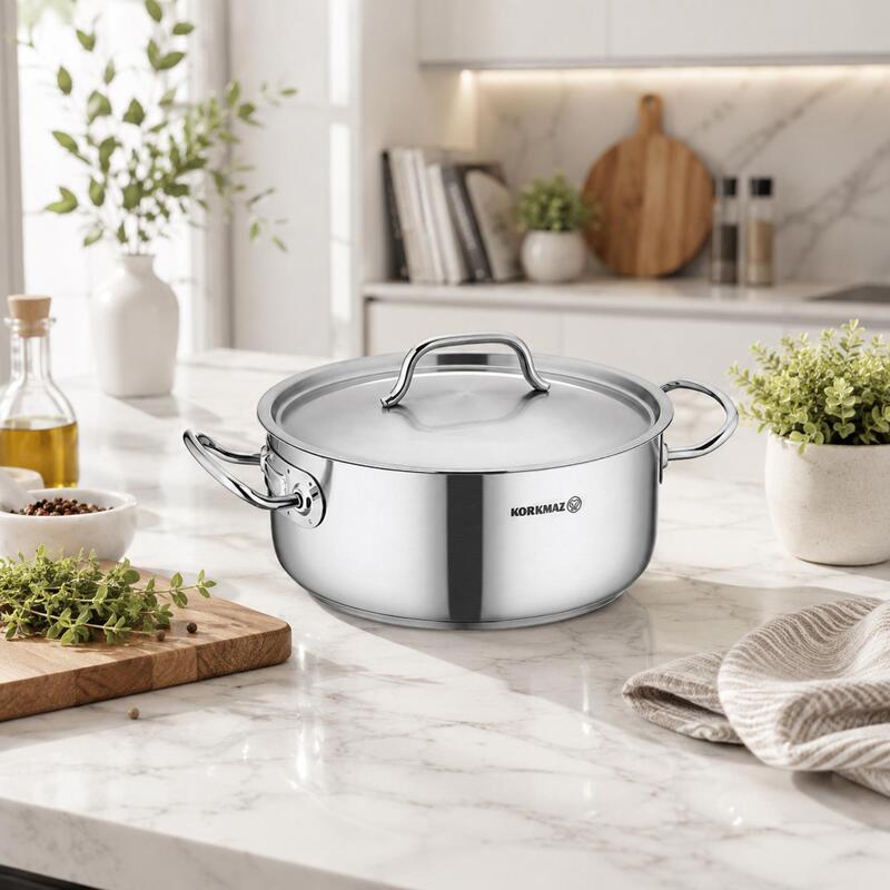 Korkmaz Proline Gastro 18/10 Stainless Steel Cooking Pot with Lid, Induction Compatible