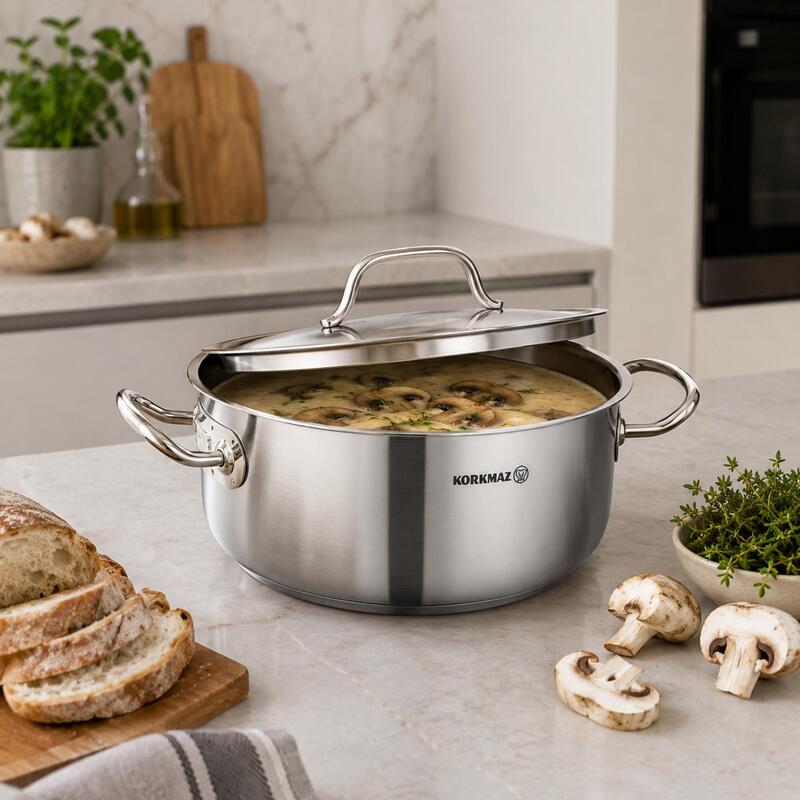 Korkmaz Proline Gastro 18/10 Stainless Steel Cooking Pot with Lid, Induction Compatible