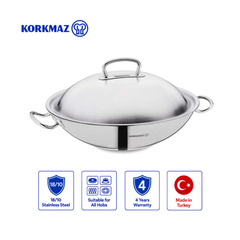 Korkmaz Proline Stainless Steel Wok with Lid | Multiple Sizes Available