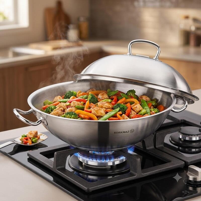 Korkmaz Proline 18/10 Stainless Steel Wok with Lid, Induction Compatible
