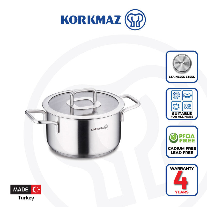 Korkmaz Stella 18/10 Stainless Steel Stock Pot with Lid | Multiple Sizes Available