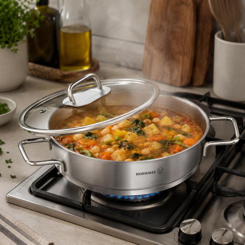 Korkmaz Stella 18/10 Stainless Steel Shallow Cooking Pot with Lid, Induction Compatible