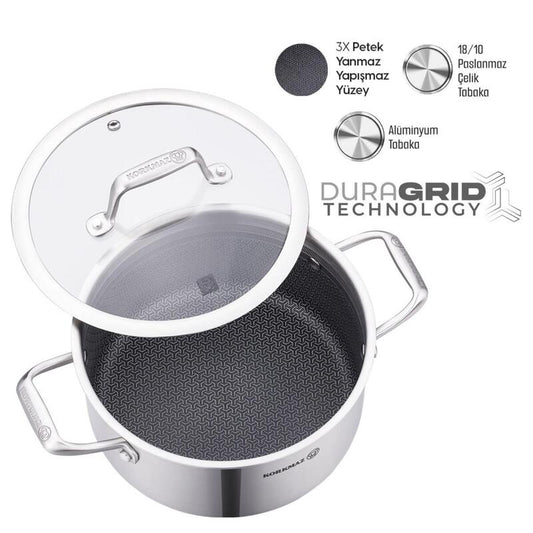 Korkmaz Altima Stainless Steel Honeycomb Stock Pot – Induction Compatible, Tri-Ply Duragrid Technology