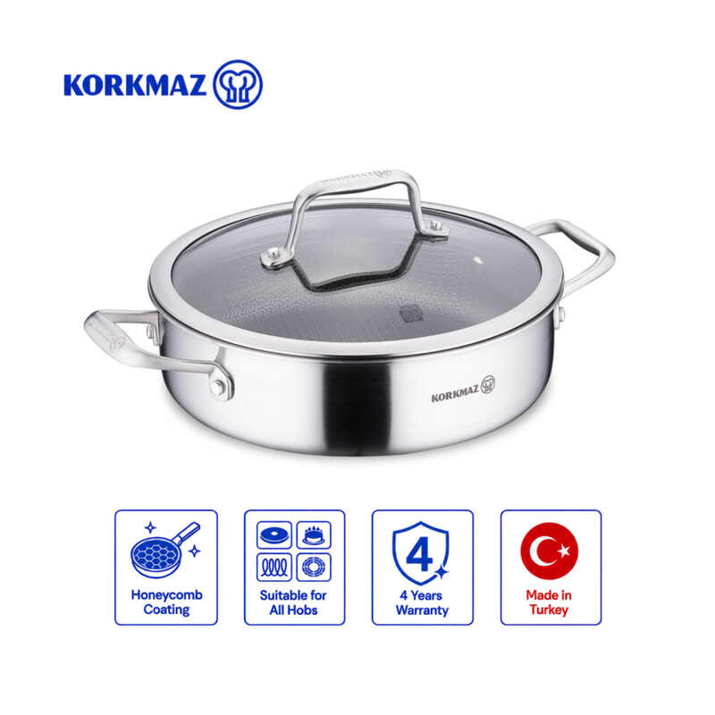 Korkmaz Altima Stainless Steel Honeycomb Stock Pot – Induction Compatible, Tri-Ply Duragrid Technology