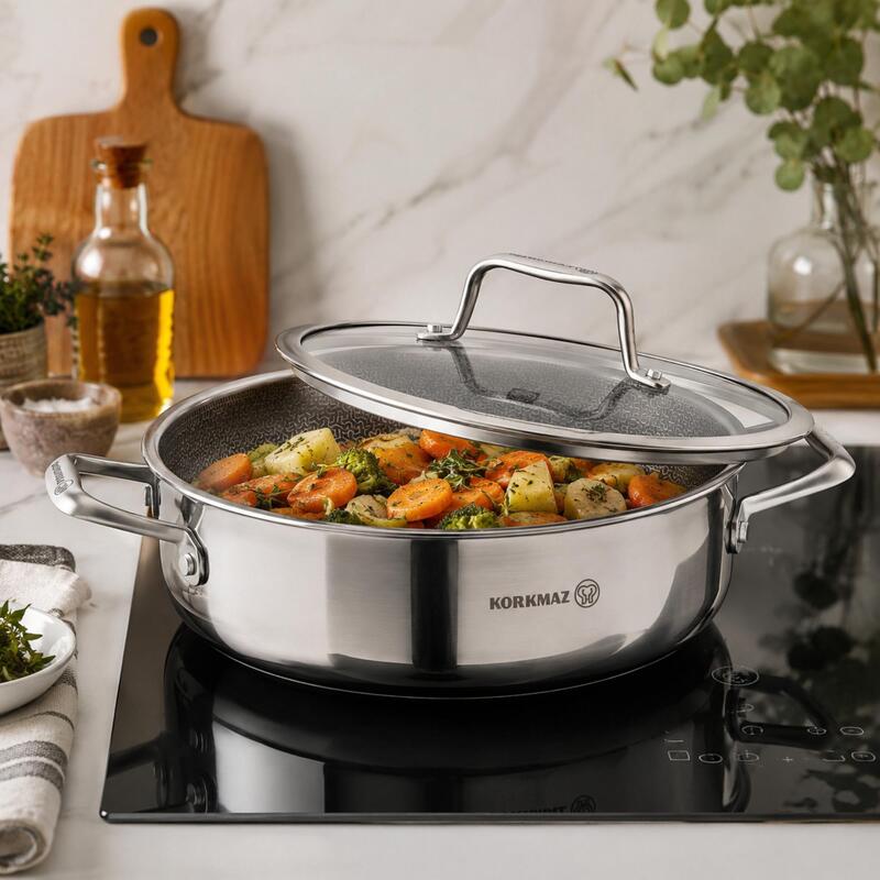 Korkmaz Altima Stainless Steel Honeycomb Stock Pot – Induction Compatible, Tri-Ply Duragrid Technology