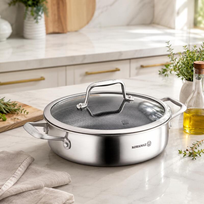 Korkmaz Altima Stainless Steel Honeycomb Stock Pot – Induction Compatible, Tri-Ply Duragrid Technology