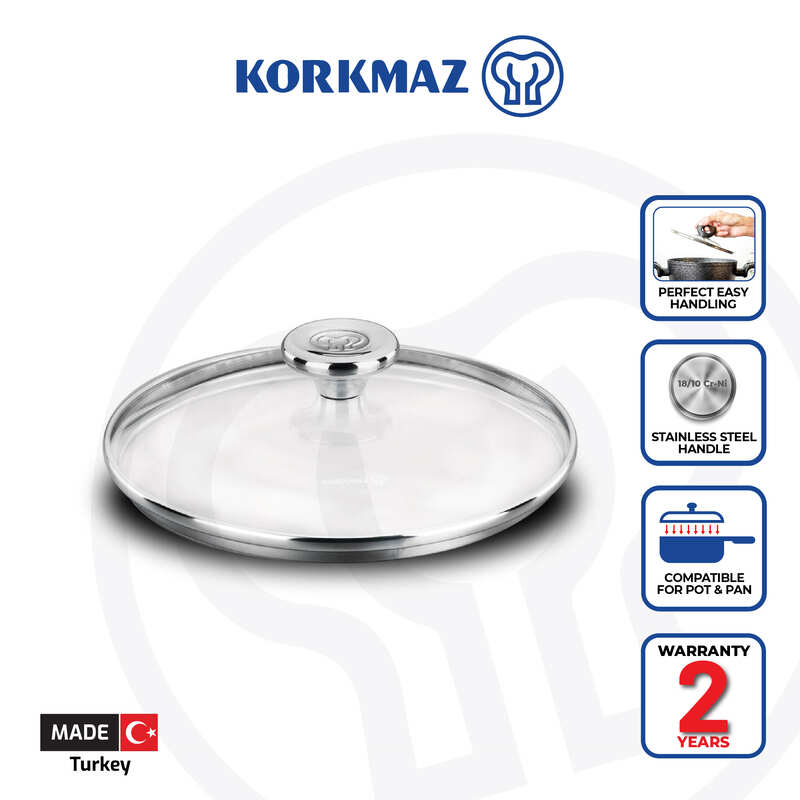 Korkmaz Aroma Glass Lid with Stainless Steel Handle | Multiple Sizes Available