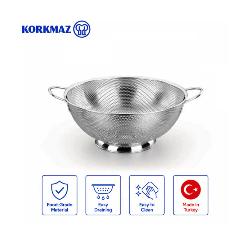Korkmaz Mega Stainless Steel Footed Colander with Handles, Pasta & Vegetable Strainer