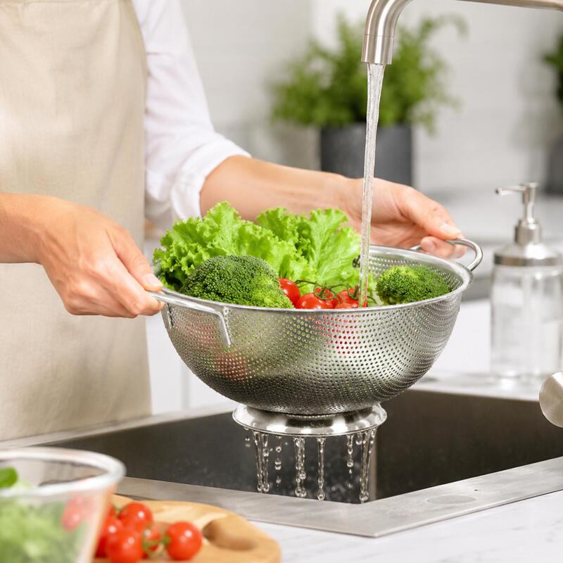 Korkmaz Mega Stainless Steel Footed Colander with Handles, Pasta & Vegetable Strainer