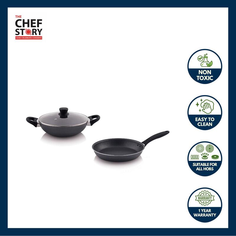 The Chef Story Everyday Series Non-Stick Cookware Set | 28cm Frying Pan & Wok | PFOA-Free | Induction Compatible