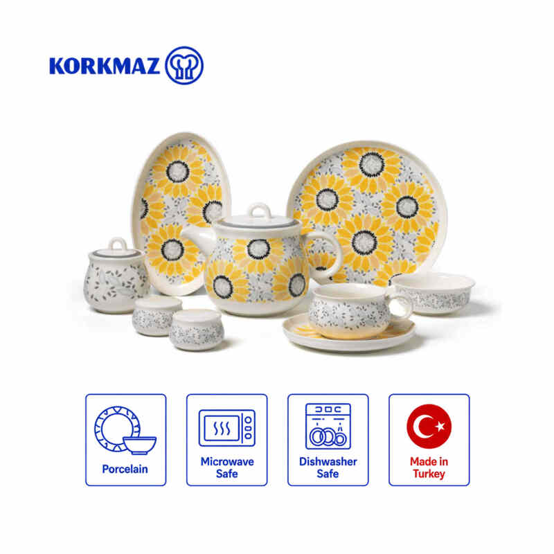 Korkmaz Kappa 30-Piece Breakfast & Tea Set for 6 with Teapot, Cups, Saucers & Plates